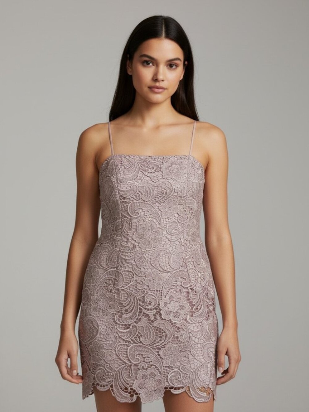 Adrianna Papell Blush Pink Lace Sheath Dress Size 8 Scalloped Hem Wedding Guest